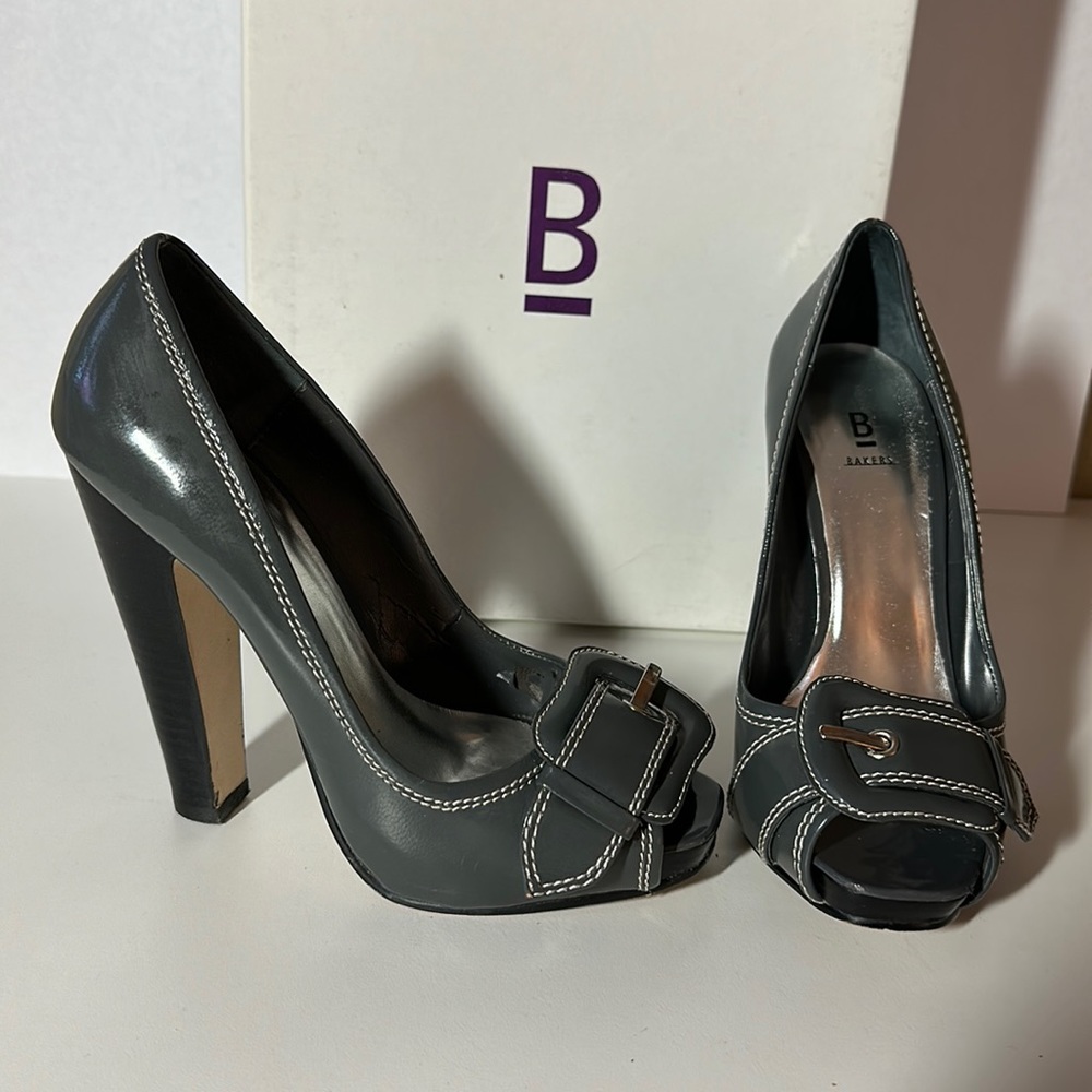 Bakers Mei Grey Patent Platform Peep Toe Heel